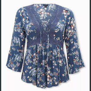 Torrid Babydoll Gauze Crochet Trim Lace-Up Top